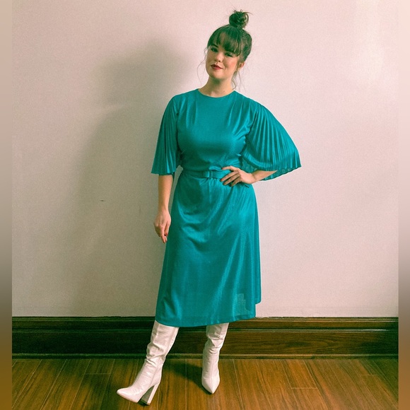Vintage Dresses & Skirts - Vintage 70s/80s Teal Angel Wing Disco Dress